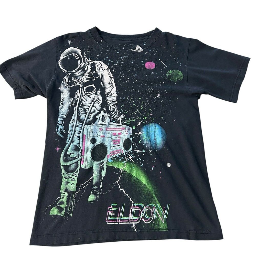 Eldon T‎ Shirt Mens Size S Black Short Sleeve Crew Neck Astronaut AOP Distressed